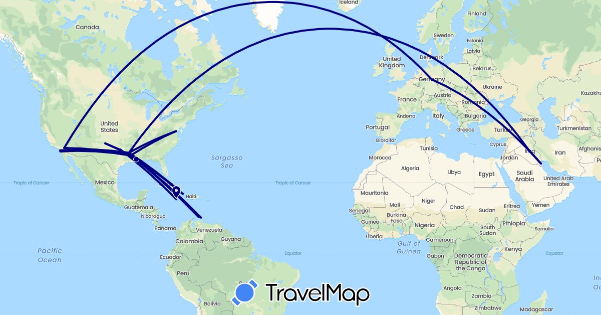 TravelMap itinerary: driving in Cuba, Germany, Iraq, Jamaica, Kuwait, Netherlands, United States (Asia, Europe, North America)